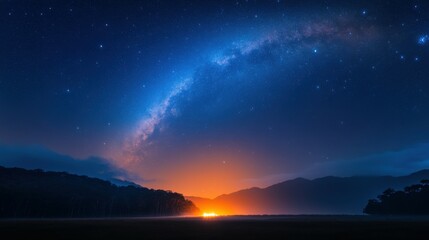 Stunning night sky full of stars over a tranquil landscape at dawn.