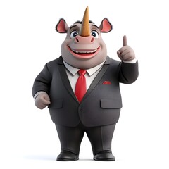 Cheerful cartoon rhinoceros in business suit with thumb up gesture