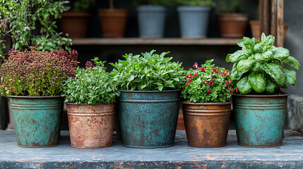 Antique metal planters overflowing herbs and vegetables nestled among compost piles next to weathered terracotta watering cans and handmade iron trellises