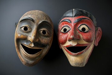 Vintage wooden masks on black background: intricately carved cultural artifacts