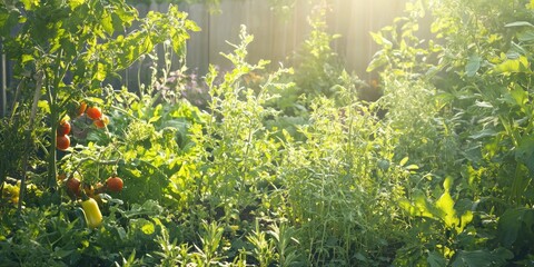 Obraz premium A vibrant vegetable garden scene featuring various plants, including tomatoes, cucumbers, and herbs, with sunlight filtering through the leaves
