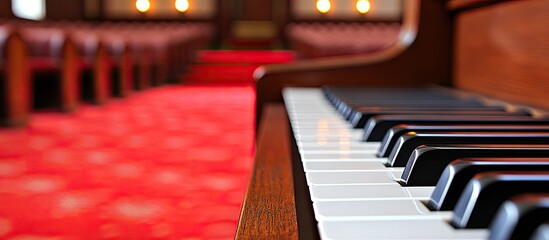 Close-up of piano keys in a church sanctuary.