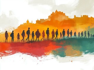Refugees and immigrants looking for a new hope in life. Silhouette of people. Abandon their lands for a better future, ai generative