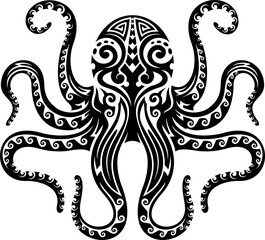 Maori tribal octopus ocean animal tattoo. Hawaiian culture ocean life vector ornament. New Zealand or Polynesian Maori tribal sea animal tattoo symbol. Samoan tribe marine nature octopus print © Vector Tradition