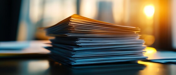 Stack of documents on office table at sunset.