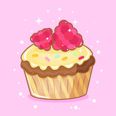 Vector design of a cupcake with raspberries and colored sprinkles