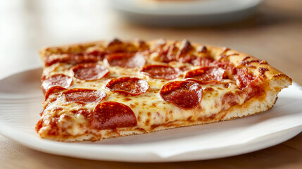 A delicious, classic pepperoni pizza slice with melted cheese displayed on a simple white paper plate, inviting a burst of flavor and culinary delight.