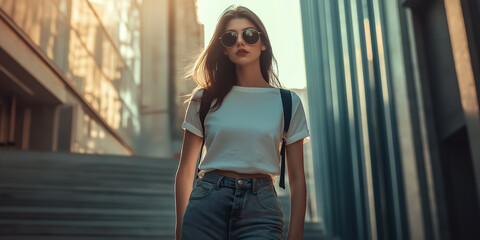 Fashionable young woman walking in the city, wearing trendy streetwear, urban setting, casual pose, natural street light, modern fashion, city life vibe, stylish.