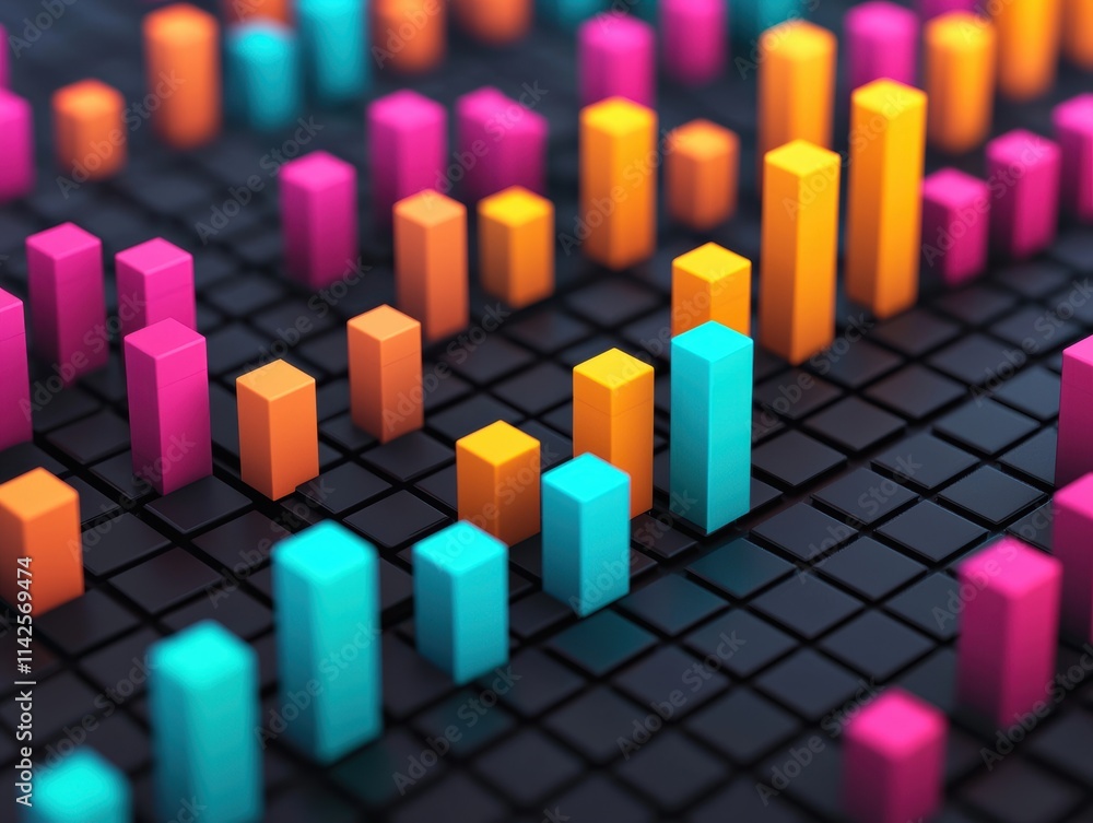 Poster colorful 3d bars rising from a dark grid representing data analysis and digital trends
