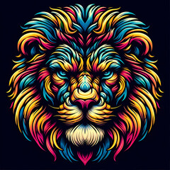 Fototapeta premium Vibrant and detailed lion illustration with colorful mane on a black background.