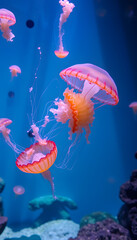 Jelly fish in aquarium, collage style. isolated with white highlights