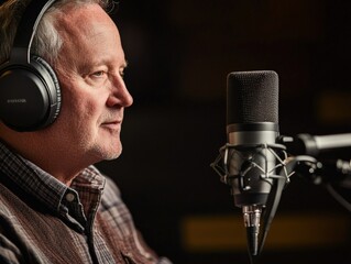 Podcast recording session with narrator studio portrait sound environment close-up view creative process