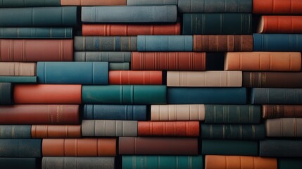 A close-up view of colorful, antique books stacked closely together creates a vintage aesthetic, suitable for educational, literary, or nostalgic themes in designs, websites, or promotional materials