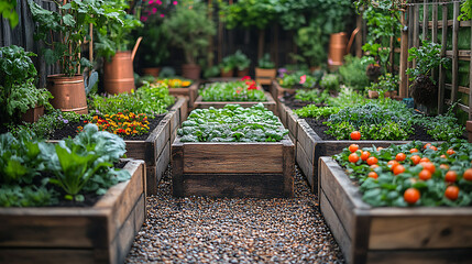 Raised garden beds filled soil and compost antique ceramic planters wooden trellises covered in...