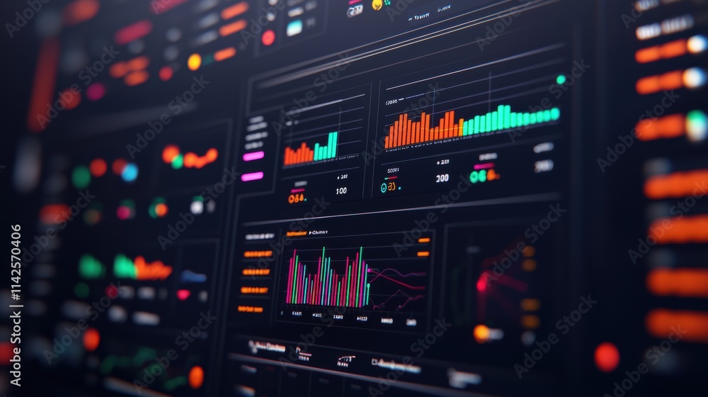 Poster Futuristic business dashboard displaying colorful statistics charts and data analysis graphs