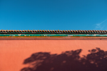Traditional Chinese architecture, red walls in the Forbidden City in Beijing