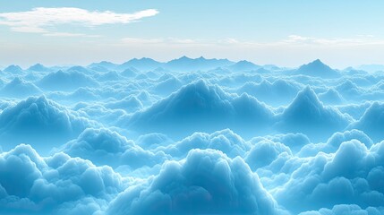 Panoramic view of a serene, vast expanse of light blue cloudscape resembling rolling hills and mountains under a clear sky.