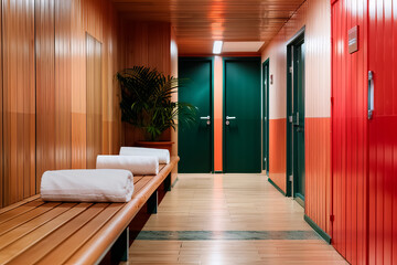 A hallway with a green door and a red door