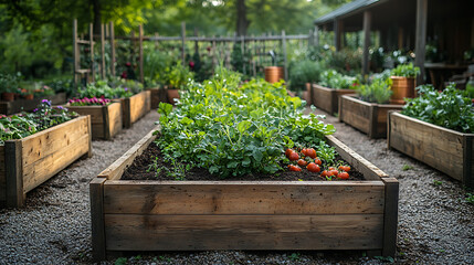 Raised garden beds filled soil and compost antique ceramic planters wooden trellises covered in vegetables and vintage copper watering cans in the background