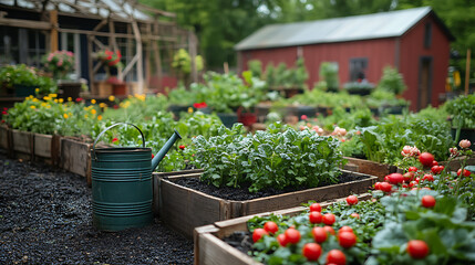 Raised garden beds full of dark soil heirloom vegetables with antique watering cans resting on compost piles and a closeup of handwrought trellises