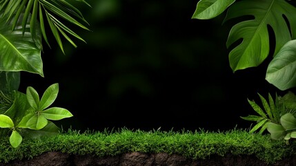 Lush Tropical Frame: Dark Green Background with vibrant tropical leaves and grass, perfect for product display or nature themed designs. 
