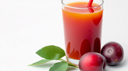 Glass of fresh plum juice with a red straw and ripe plums