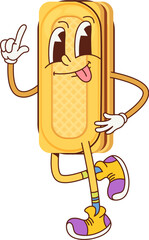 Funny cookie or waffle groovy character. Cartoon vector bakery appetizer, wafer with chocolate filling. Cute retro food personage with smiling face and eyes. Confectionery, pastry snack for kids menu
