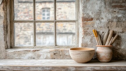 A rustic scene featuring a wooden windowsill with a bowl and a jar holding various crafting tools, set against a textured wall, Ideal for showcasing handmade pottery or artisan crafts,