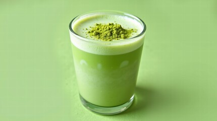Vibrant green matcha latte with a matcha powder on top on a pastel green background