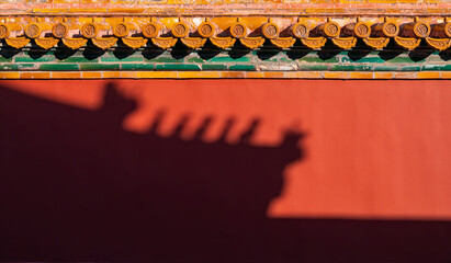 Projection of the eaves on the red wall of the Forbidden City in Beijing