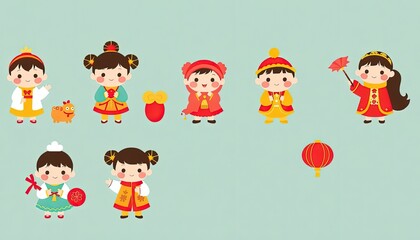 Set Icon Of Children Celebrating Chinese New Year - New Year Greeting Card with Children - Chinese Children on Wall - Children in Cheongsam