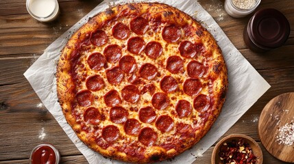 Delicious pepperoni pizza with cheese and tomato sauce on wooden table