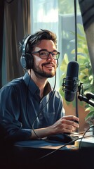 Podcast recording session home studio digital media indoor eye-level engaging conversations