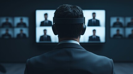 Businessman wearing headphones attending virtual conference on multiple screens