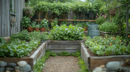 Kitchen garden with antique stone planters and raised beds vintage watering cans and closeup of rustic wooden trellises supporting lush greenery