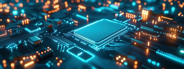 Obraz premium A close-up view of a glowing microchip on a circuit board, illustrating technology and innovation.