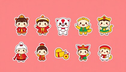 Fototapeta premium Set Icon Of Children Celebrating Chinese New Year - New Year Greeting Card with Children - Chinese Children on Wall - Children in Cheongsam