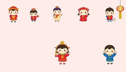 Set Icon Of Children Celebrating Chinese New Year - New Year Greeting Card with Children - Chinese Children on Wall - Children in Cheongsam