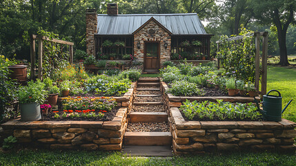 Quiet kitchen garden with antique stone planters rich compost soil and wooden trellises supporting...