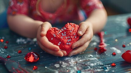Child holding heart-shaped object with glittering gems on table. Sensory play and learning colors activity for kids