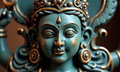 Naklejka premium Ancient Hindu deity statue intricate bronze sculpture teal