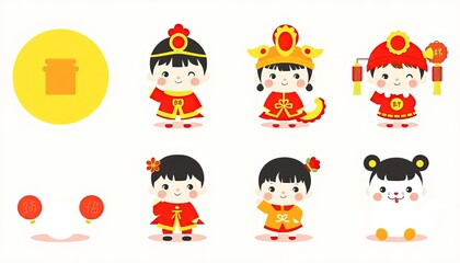 Fototapeta premium Set Icon Of Children Celebrating Chinese New Year - New Year Greeting Card with Children - Chinese Children on Wall - Children in Cheongsam