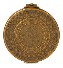 Naklejka premium Front view of ancient round metal book isolated on white background