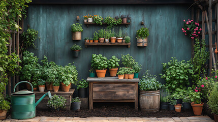 Rustic kitchen garden scene with antique ceramic planters vintage watering cans rich soil and...