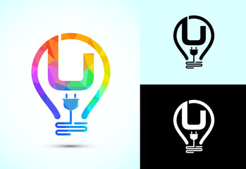Initial alphabet U with an electric bulb and plug. Electricity logo design template low poly style © BakiBullah
