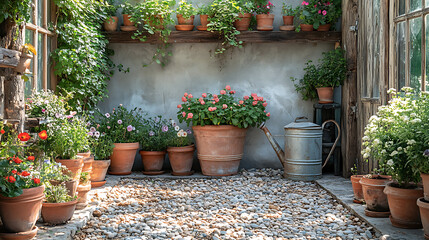 Serene garden scene featuring antique terracotta planters compost and delicate iron trellises all captured alongside weathered wooden watering cans
