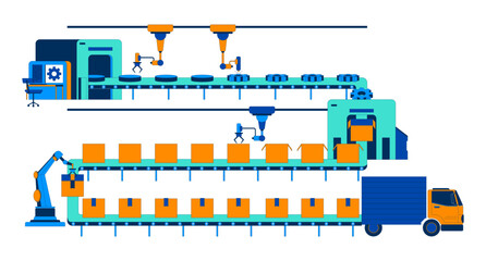 Gears production warehouse conveyor belt 2D illustration concept. Parts cogwheels automation factory industrial equipment cartoon scene isolated on white. Metaphor abstract flat vector graphic