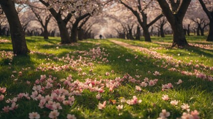Peaceful spring scene in a blossoming orchard. Soft pink petals scatter the vibrant green grass beneath the flowering trees