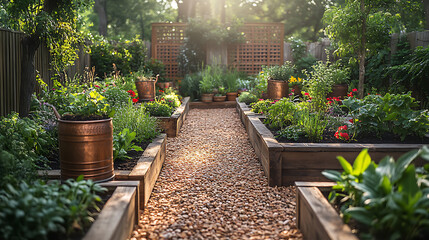 Sunlit garden featuring antique copper watering cans and stone planters with compostrich soil and handcarved wooden trellises supporting vegetables