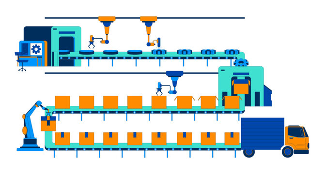 Gears production warehouse conveyor belt 2D illustration concept. Parts cogwheels automation factory industrial equipment cartoon scene isolated on white. Metaphor abstract flat vector graphic